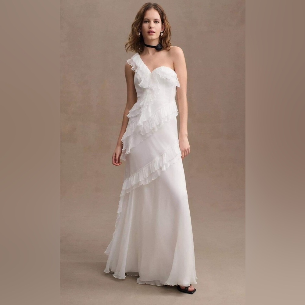 AMUR White One-Shoulder Ruffle Dress